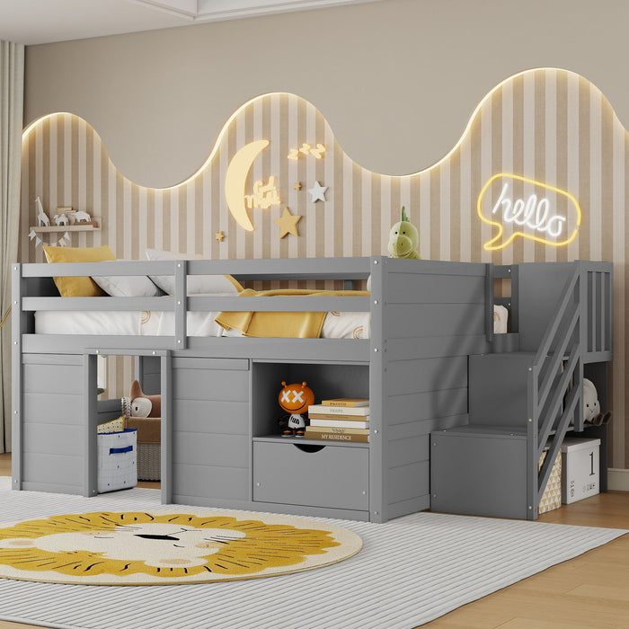 Low Loft Bed Frame With Built In Stairs, Storage Drawer, Shelf And 7 Color LED Light