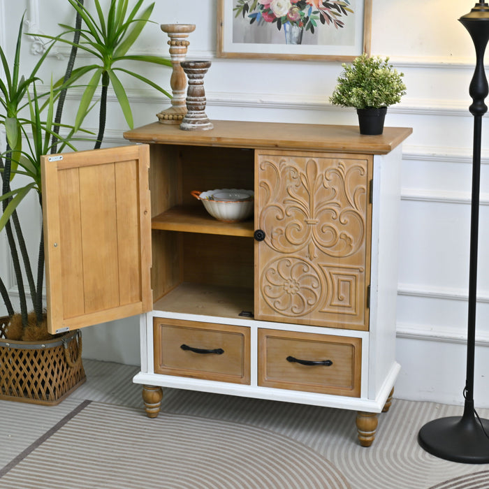 Accent Flower Carved Door Sideboard Cabinet With 2 Drawers For Kitchen - Natural Wood Wash / White