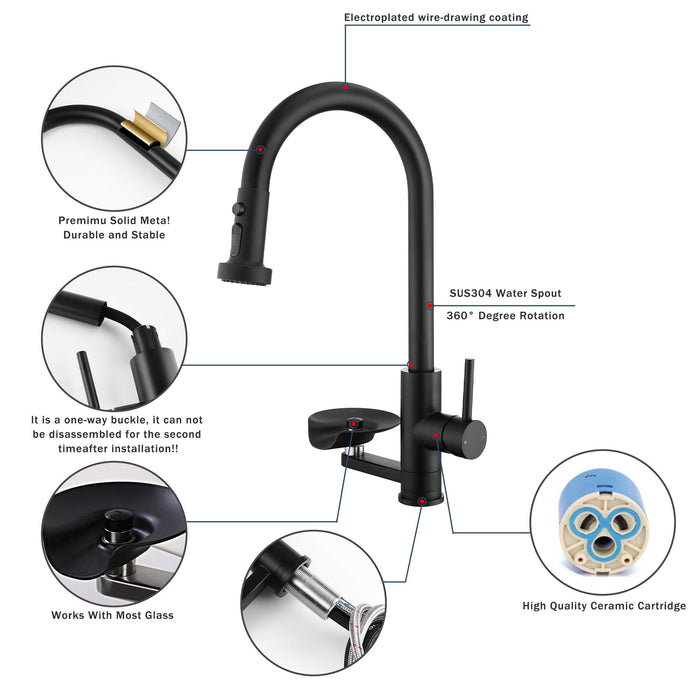 3 In 1 Kitchen Faucet With Press Type Glass Rinser, High Arc Pull Down Sprayer