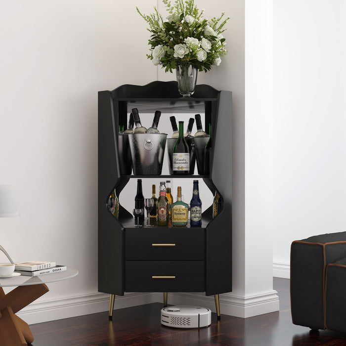 Corner Bar Cabinet With Mirrored Back, 2 Open Shelves & 2 Drawers, High Legs For Easy Cleaning