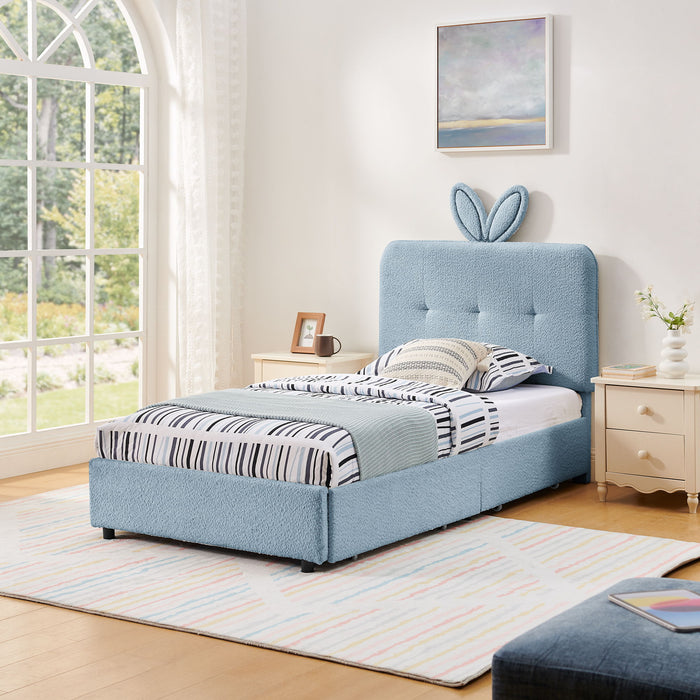 Upholstered Bed With Oversized Rabbit Ear Headboard, LED Lights & 4 Storage Drawers