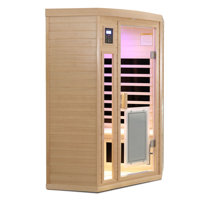 Low Emf Front Door With Heating Panel 2 Persons Hemlock Far Infrared Corner Indoor Sauna Room - Natural