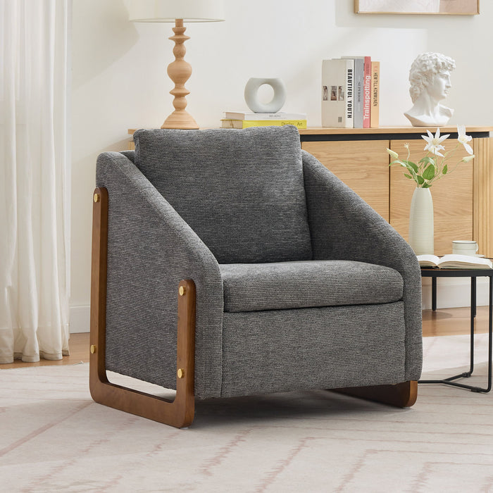 Modern Chenille Upholstered Armchair With Wooden Side Frame