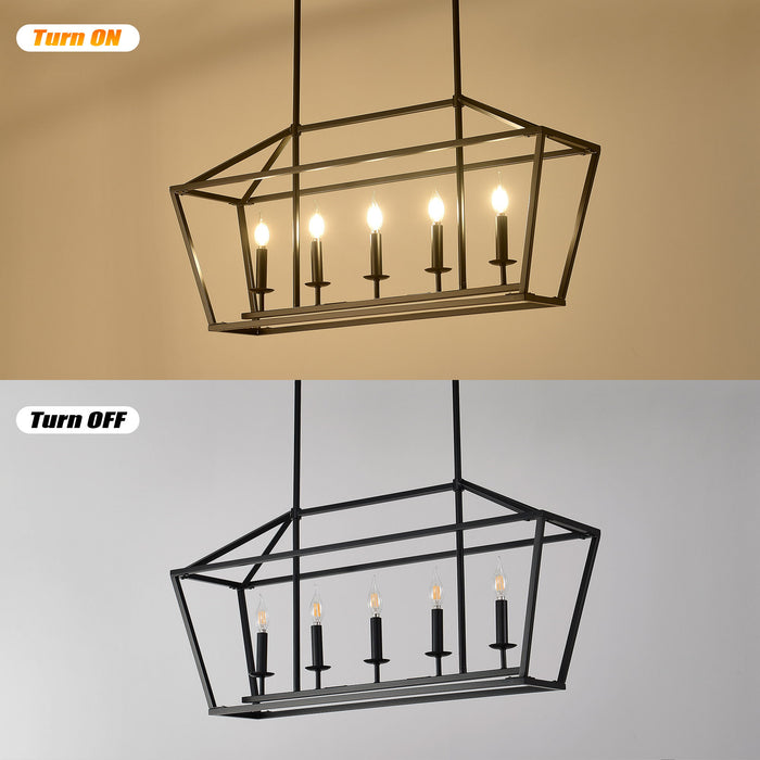 5 Light Farmhouse Kitchen Island Lighting, 5 Light Industrial Linear Chandelier For Dining Room Metal Hanging Pendant Light Fixture For Bedroom Living Room Hallway Conference Room - Matte Black
