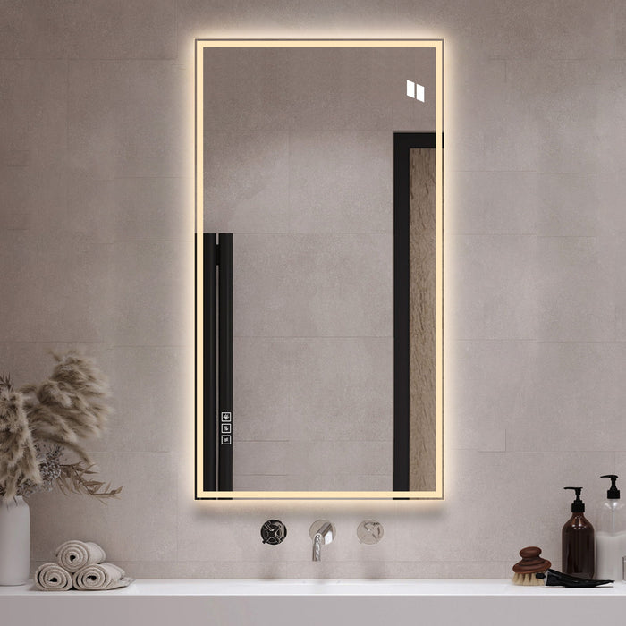LED Bathroom Vanity Wall Mirror With Straight Edge Design, Frosted Glass Finish, Anti Fog, Dimmable 3 Color Lighting - Silver