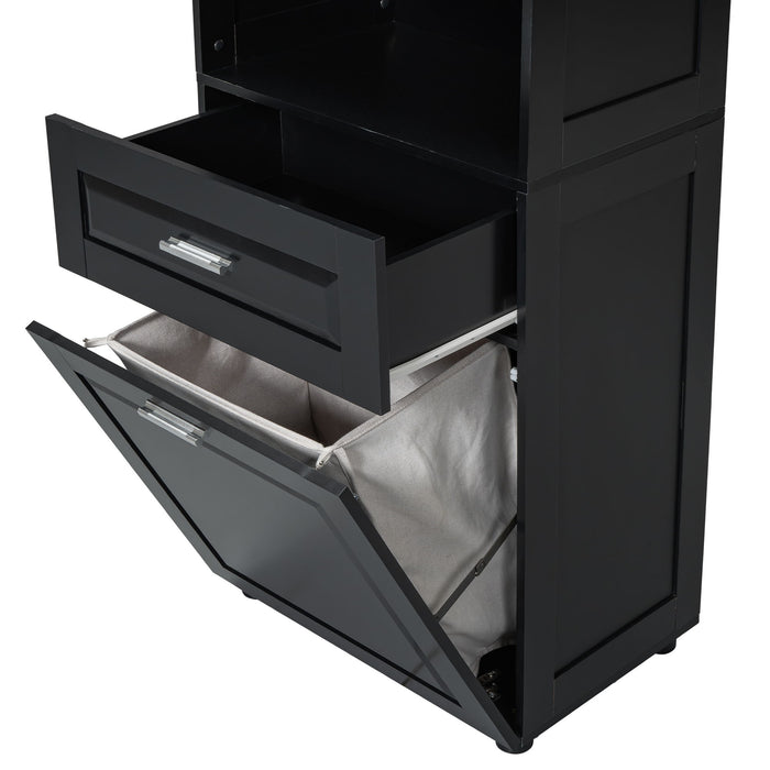 Tall Bathroom Cabinet With Tilt-Out Laundry Basket And Upper Storage