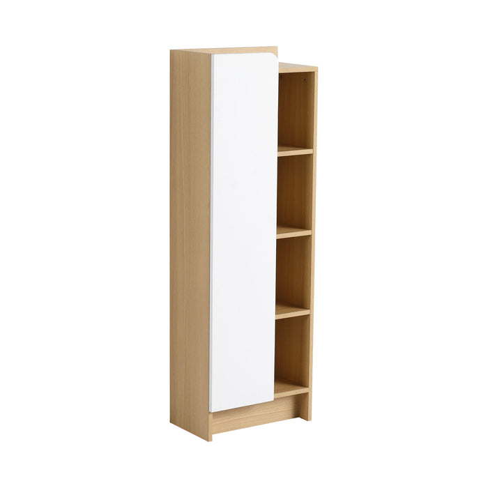 Tall Freestanding Bathroom Side Cabinet With Single Door & 4 Tier Open Shelves - Black / Light Oak / White