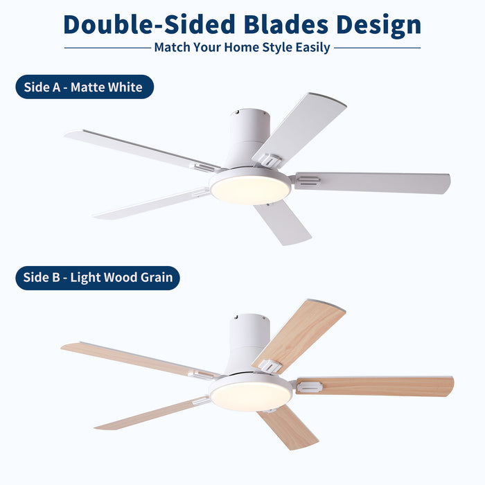 Flush Mount Ceiling Fans With LED Light And Remote Control, 5 Blades