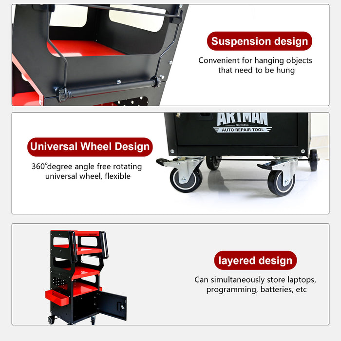 4 Level Multi Purpose Trolley For Diagnostics - Black / Red
