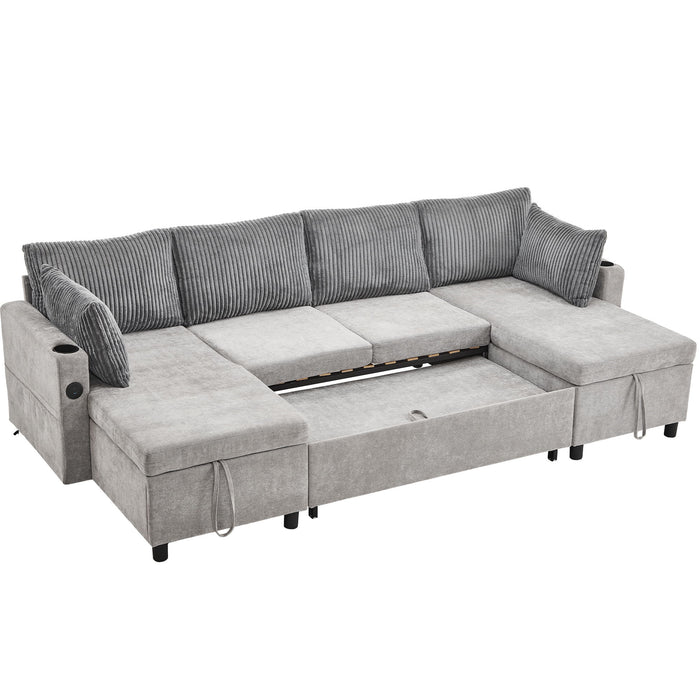 Sectional Sofa Bed With Pull Out Sleeper, USB Ports, Cup Holders