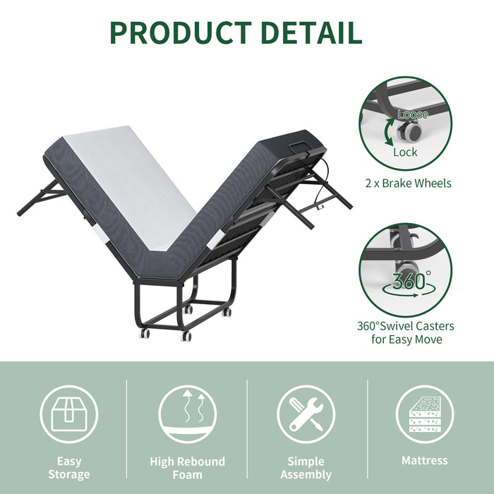 Twin Extra Long Folding Bed For Tall People, Heavy-Duty Rollaway Guest With Memory Foam Mattress - Black