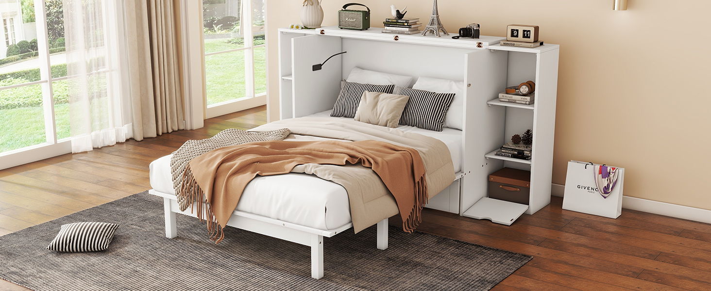 Murphy Bed With Shelves, Drawers And USB Ports