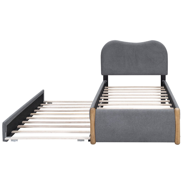 Upholstered Platform Bed With Wood Supporting Feet And Trundle