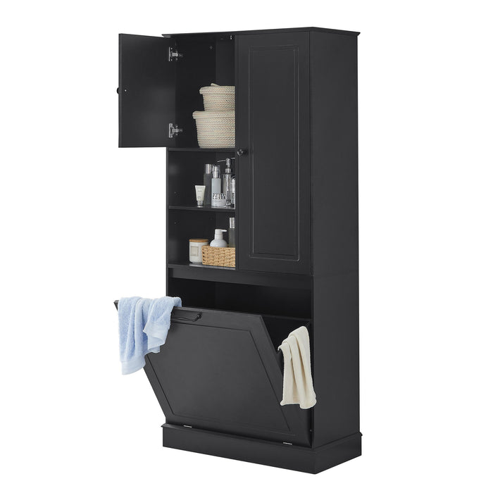 Modern Tall Storage Cabinet With Adjustable Shelves, Flip-Out Basket & Enclosed Doors