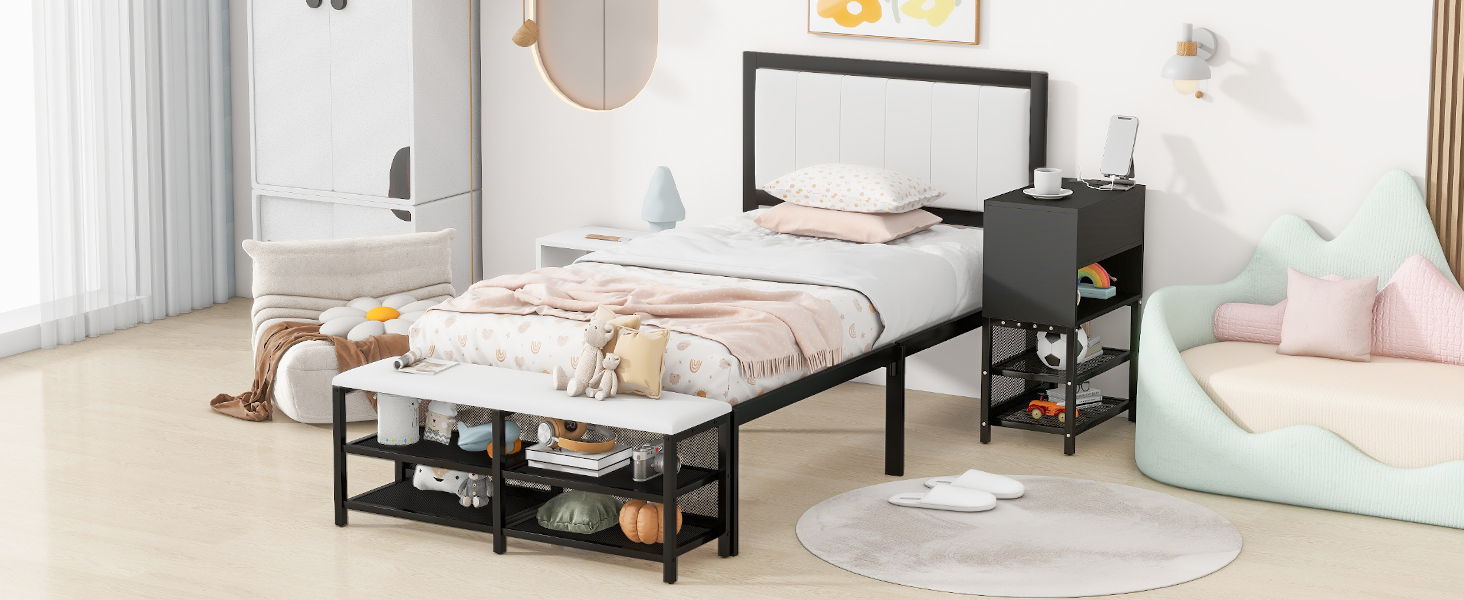 Platform Bed With 2 Tier Storage Shelves, Storage Cabinet