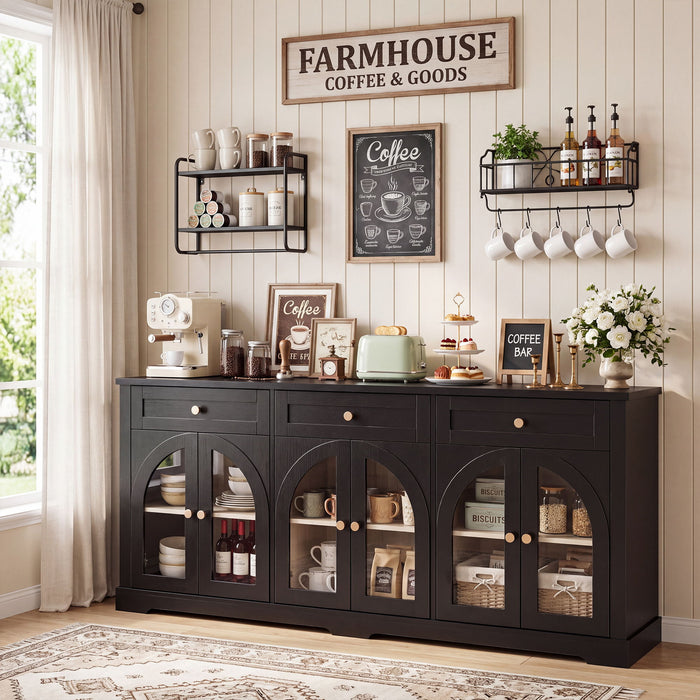 Sideboard Cabinet With 3 Drawers And 6 Arched Doors, Accent Storage Cabinet With Adjustable Shelves For Dining Room - Black
