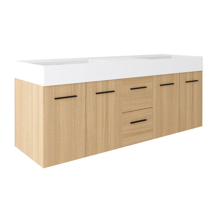 Floating Double Sink Bathroom Vanity With Drawers And Doors, Extra Large Storage, Integrated Sink, Soft Close Hardware - Glossy White / Light Oak
