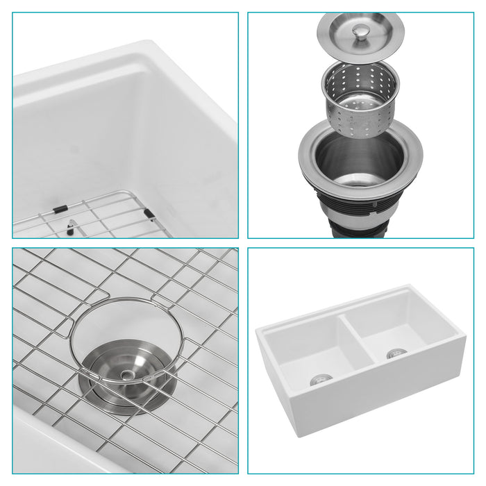 Farmhouse Sink Workstation 33" Ceramic Double Bowl Kitchen Sink With Ledges - White