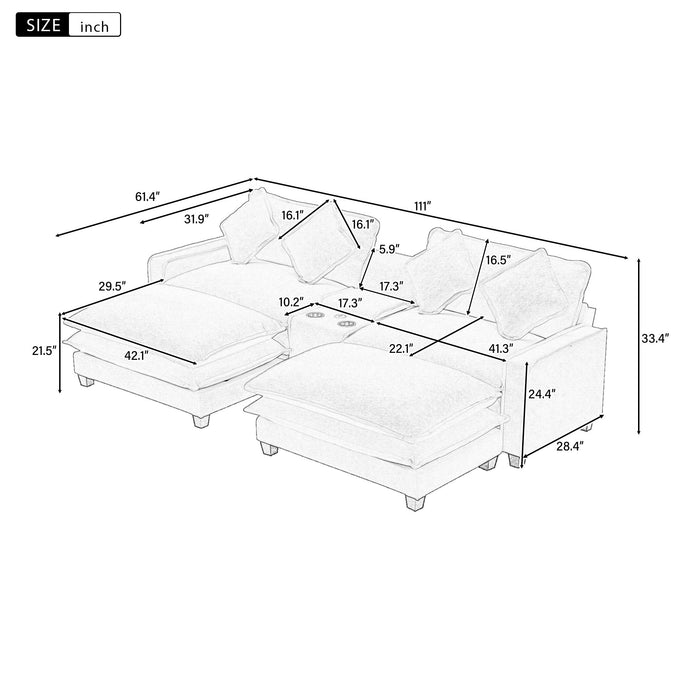 Sectional Sofa With Removable Ottomans, USB Ports, Cup Holders & Storage - Gray / Light Blue