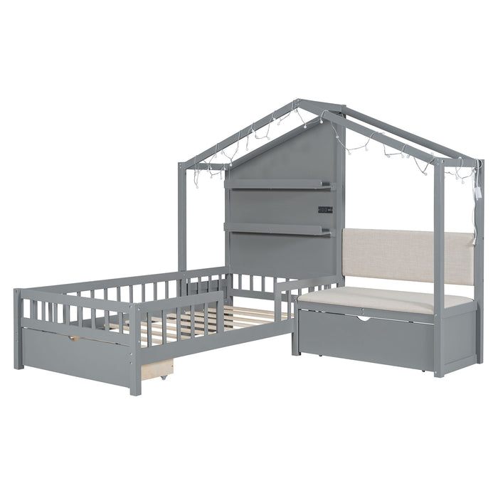 House Bed With Upholstered Sofa, Wireless Charging Station, Shelves And 2 Drawers