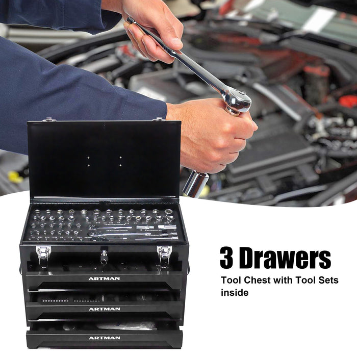 Portable 3 Drawer Steel Toolbox, 4 Layers Of Tools With Metal Latches, With Storage Tray And Carrying Handle