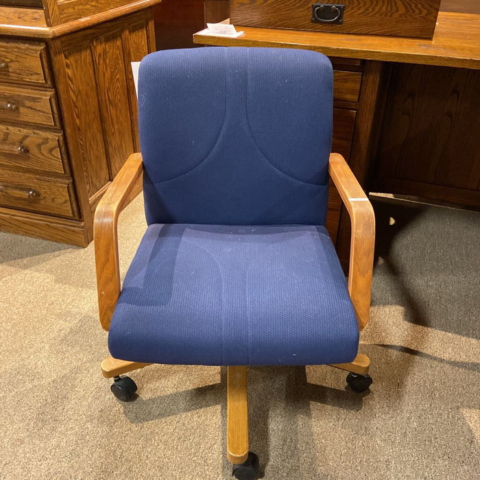 Oak Rolling Desk Chair Blue Cushion