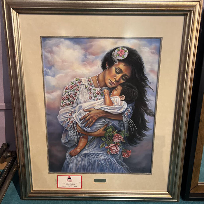 Large Silver Framed Artwork Of Woman+Child