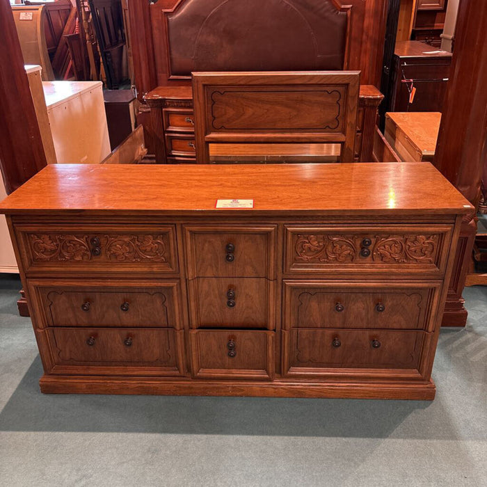 Carved Oak Long Dresser + Mirror (LAH)