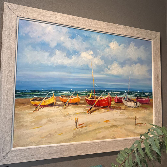White Frame Boats on Beach Canvas (L) (AKH)