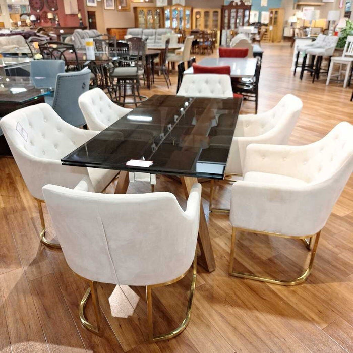 Set of 8 Tufted White w/ Gold Base Dining Chairs (SLH)