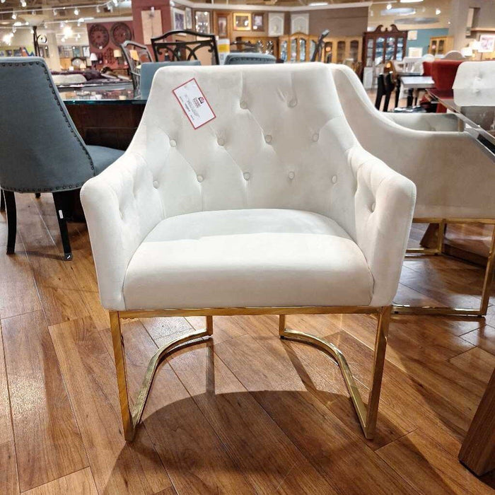 Set of 8 Tufted White w/ Gold Base Dining Chairs (SLH)