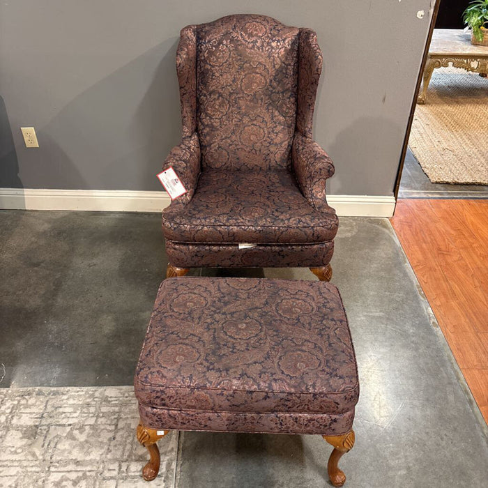 Dark Blue Paisley Upholstered Wingback CH w/ Ottoman(BTK)