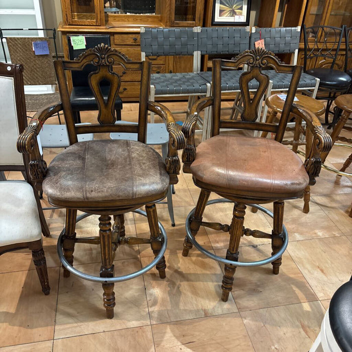 S/2 Ornate Wooden Leather Barstools(BTK)