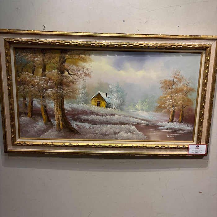 Gold Framed Paining Of House In Winter (CTH)