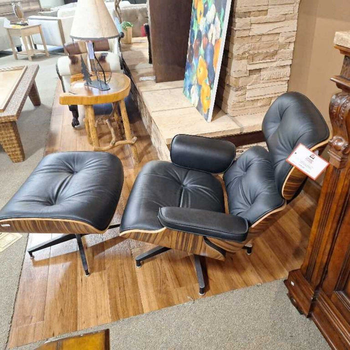 Striped Wood/Black Leather Upholstered Chair w/ Ottoman (IKH)