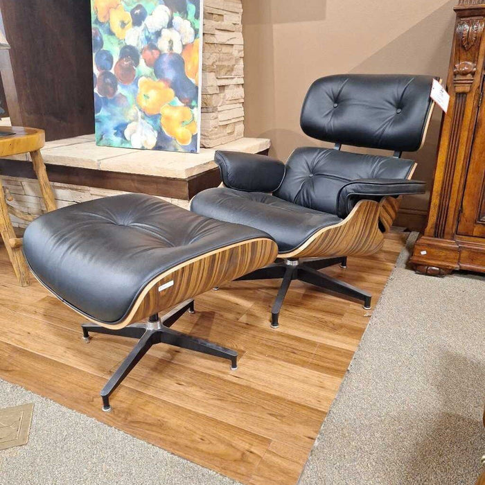 Striped Wood/Black Leather Upholstered Chair w/ Ottoman (IKH)