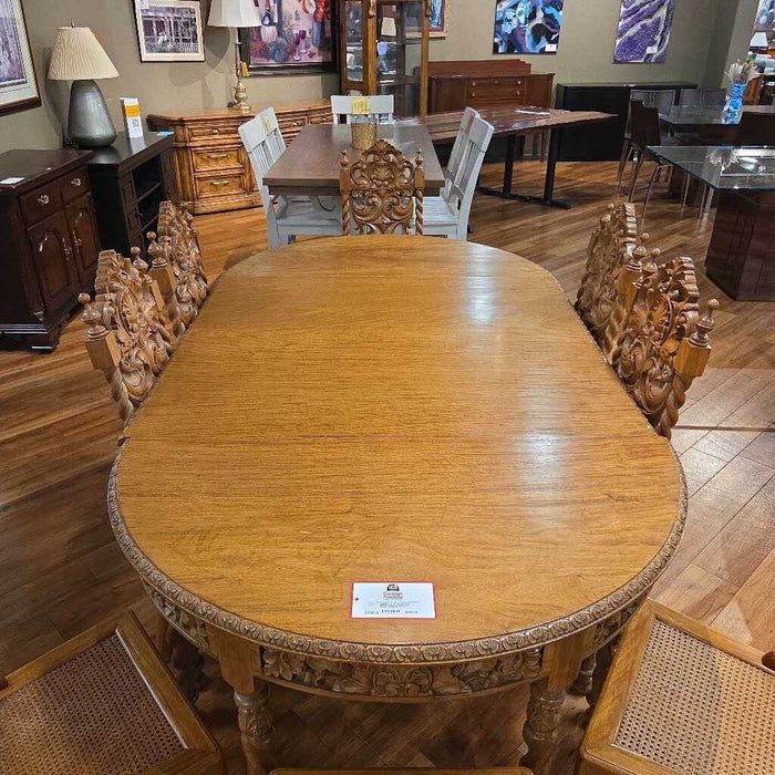 Large Ornate Oak Wood Table w/ 2LF's + 8CH's(BMHH)