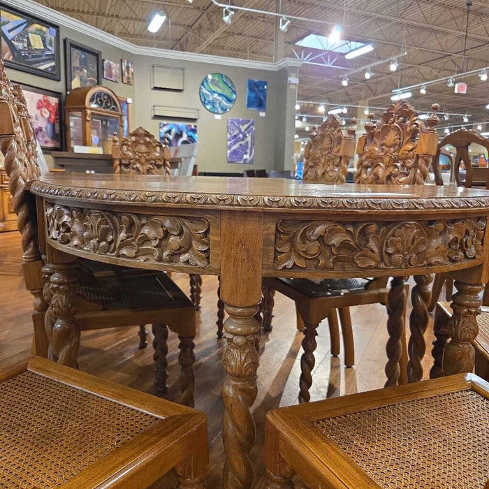 Large Ornate Oak Wood Table w/ 2LF's + 8CH's(BMHH)