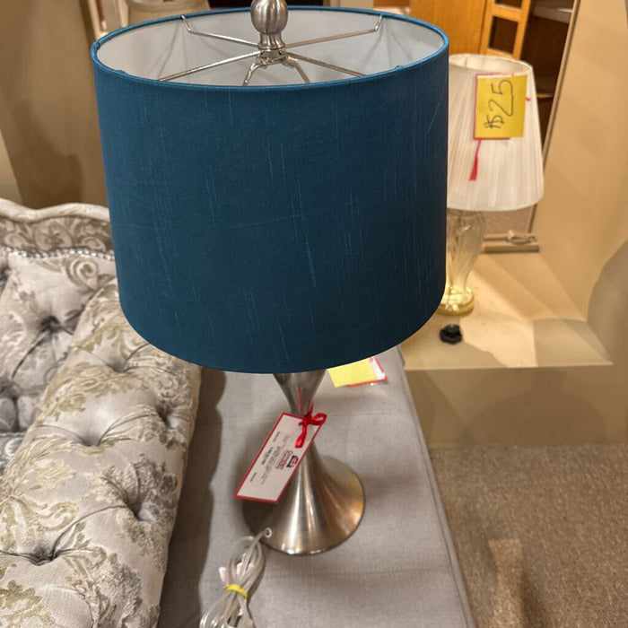 Silver Table Lamp W/ Blue Shade (LS)
