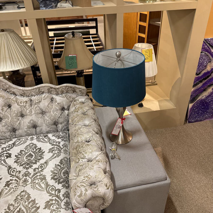 Silver Table Lamp W/ Blue Shade (LS)