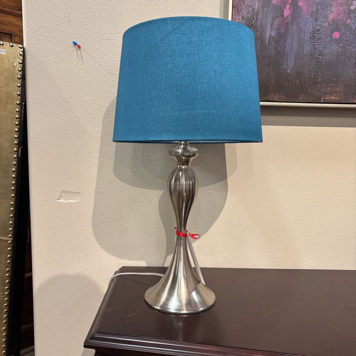 Silver Table Lamp W/ Blue Shade (LS)