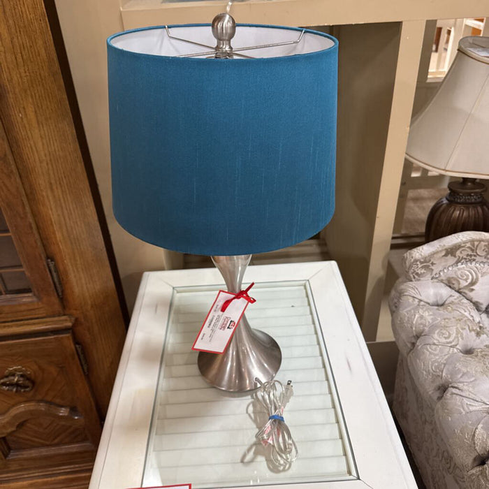 Silver Table Lamp W/ Blue Shade (LS)