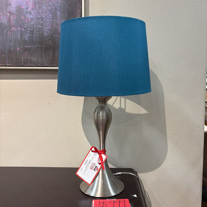 Silver Table Lamp W/ Blue Shade (LS)
