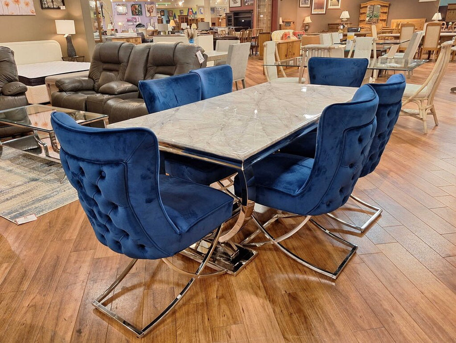 Faux Marble DR Table w/ 6 Blue CH(TTK)