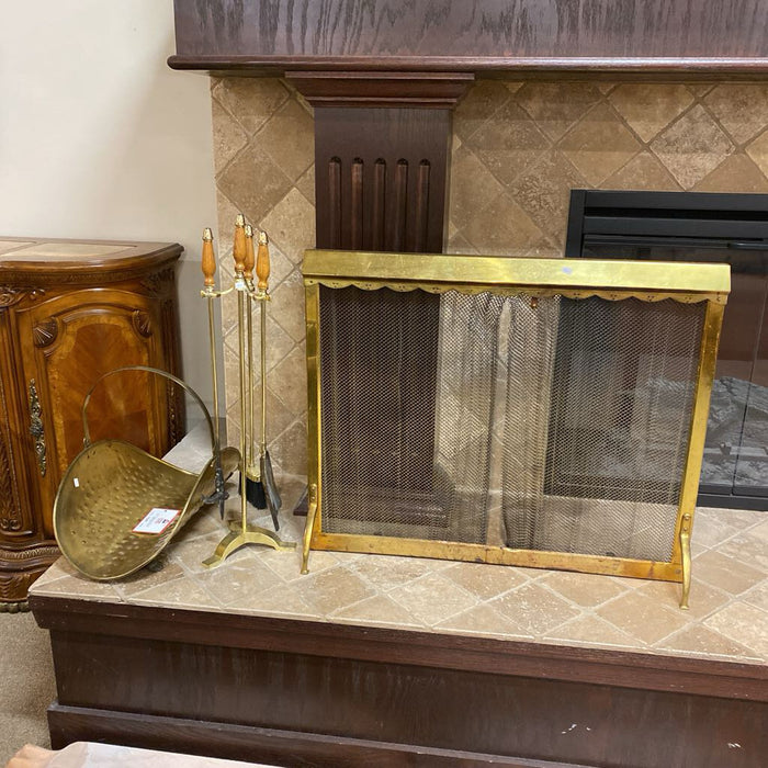 Brass Fireplace Screen + Tools