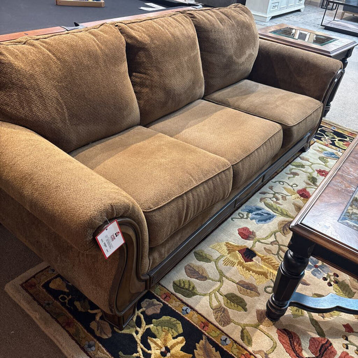 Brown Fabric Sofa w/ Wood Accents (LSH)