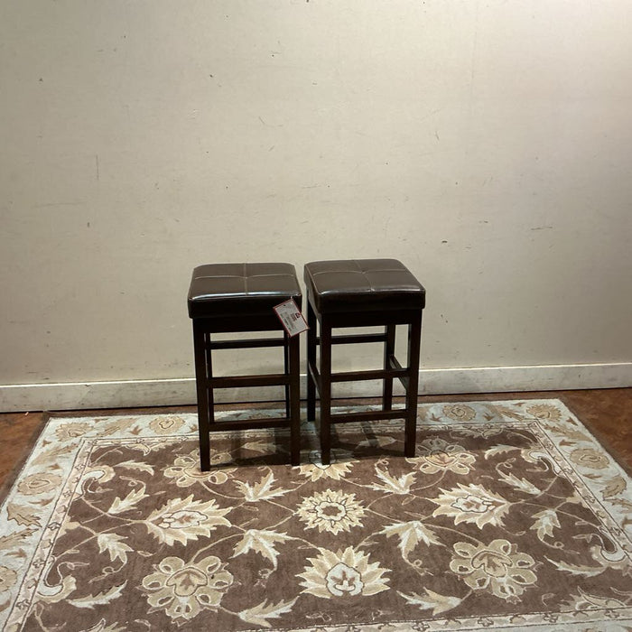 S/2 Brown Leather Top Wood Stools (TI)