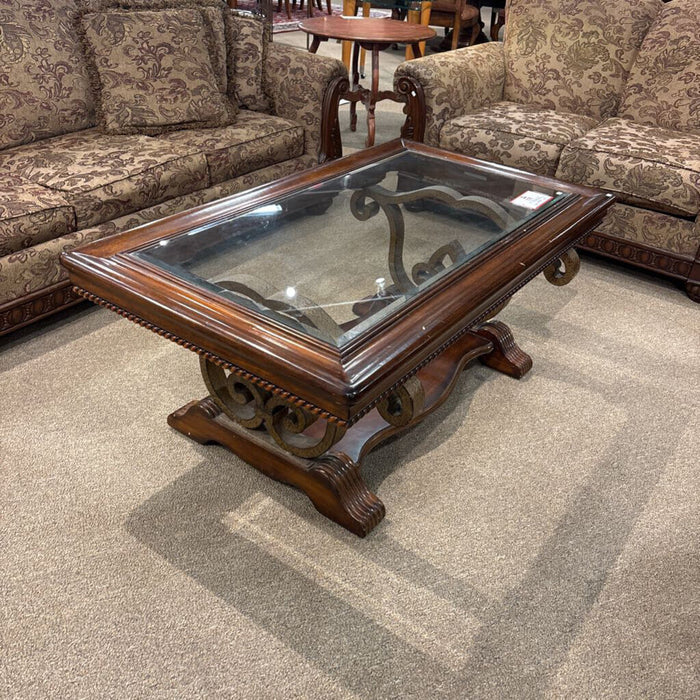 Glass Top Wood Coffee Table+Metal Base (BAH)