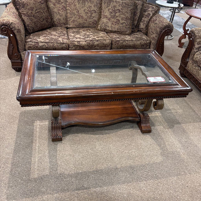Glass Top Wood Coffee Table+Metal Base (BAH)