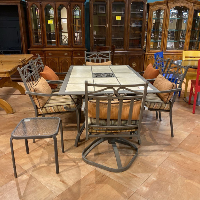 TAN/GREY TILE PATIO TABLE W/6CH (2SWIVAL)(LSH)